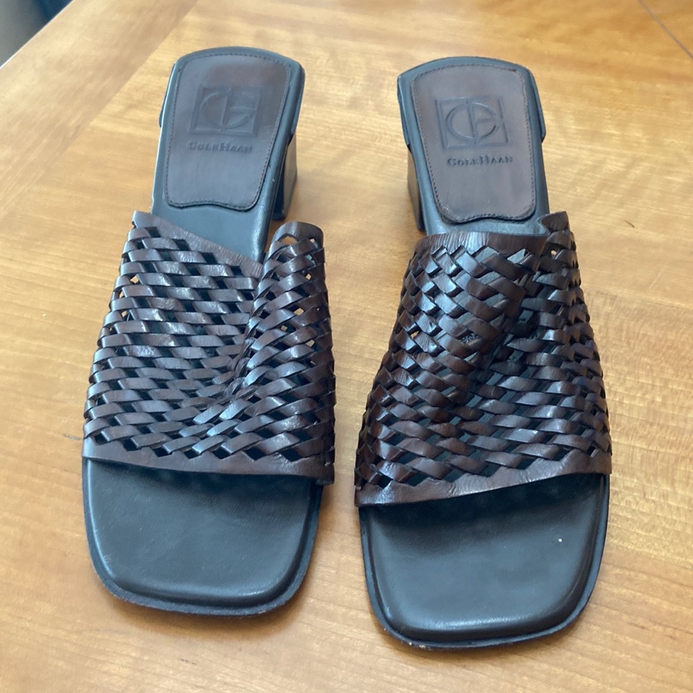 Brown woven Cole Haan slides in size 8.5